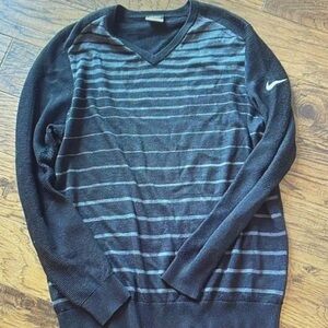 Vintage NIKE Golf V Neck Merino Wool Sweater-Black w/Grey Stripes XL